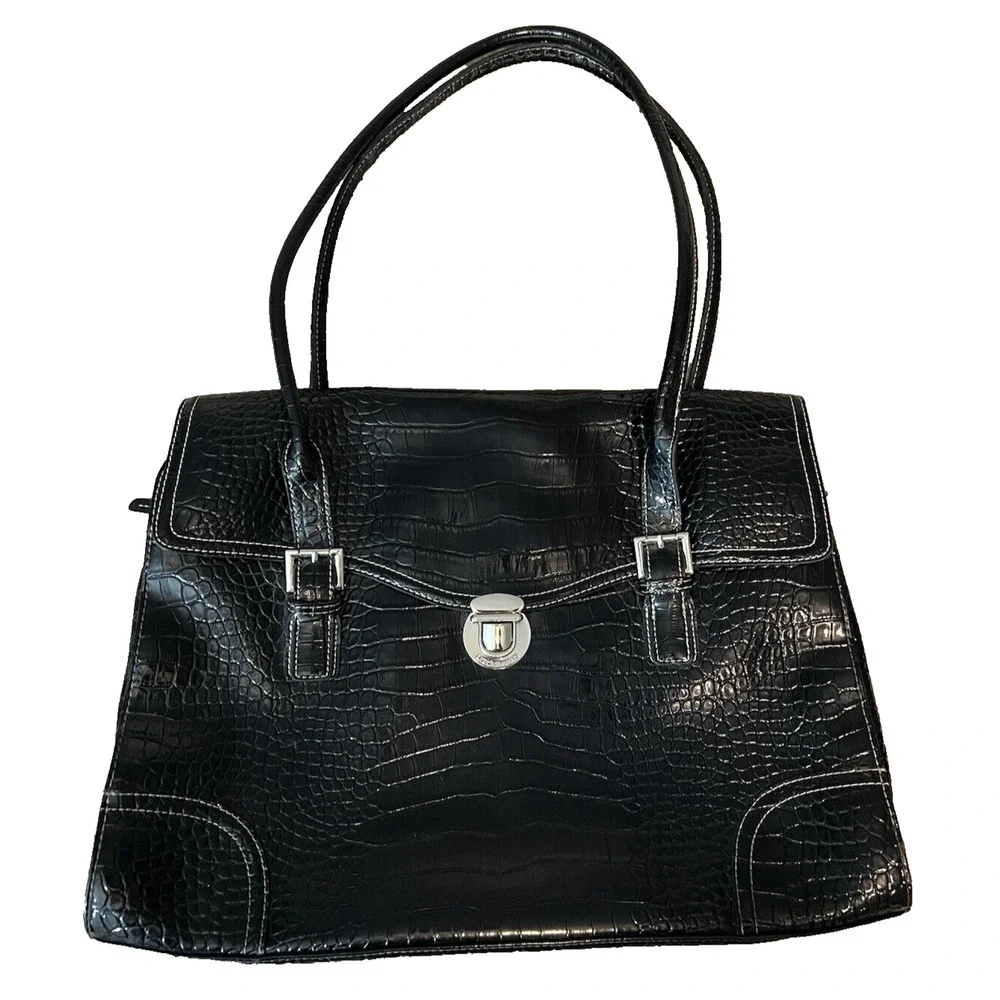 Liz Claibourne Black Faux Croc Laptop Briefcase Satchel Designer Messenger Bag